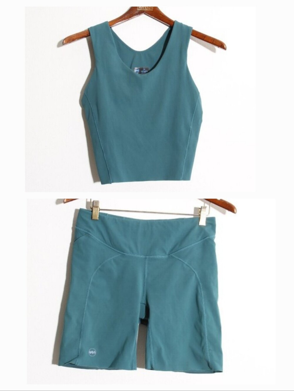 Janji Groundwork Knit Crop Top Biker Shorts High Rise Teal Matching Set Medium